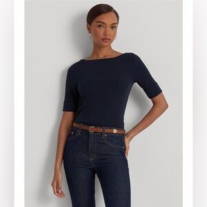 NWOT NEW Ralph Lauren Women's Petite S Stretch Cotton Slim-Fit Boatneck Tee Navy